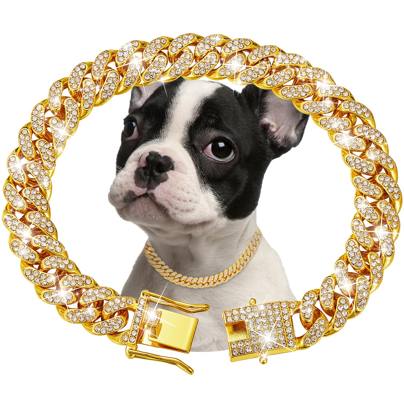 fengco gold dog chain collar diamonds closeup highlights sparkling zirconia.