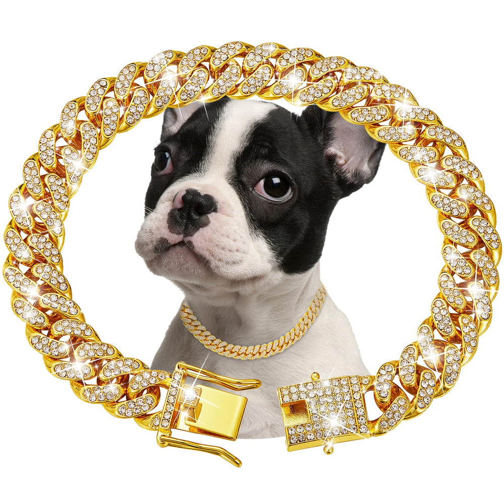 fengco gold dog chain collar diamonds closeup highlights sparkling zirconia.