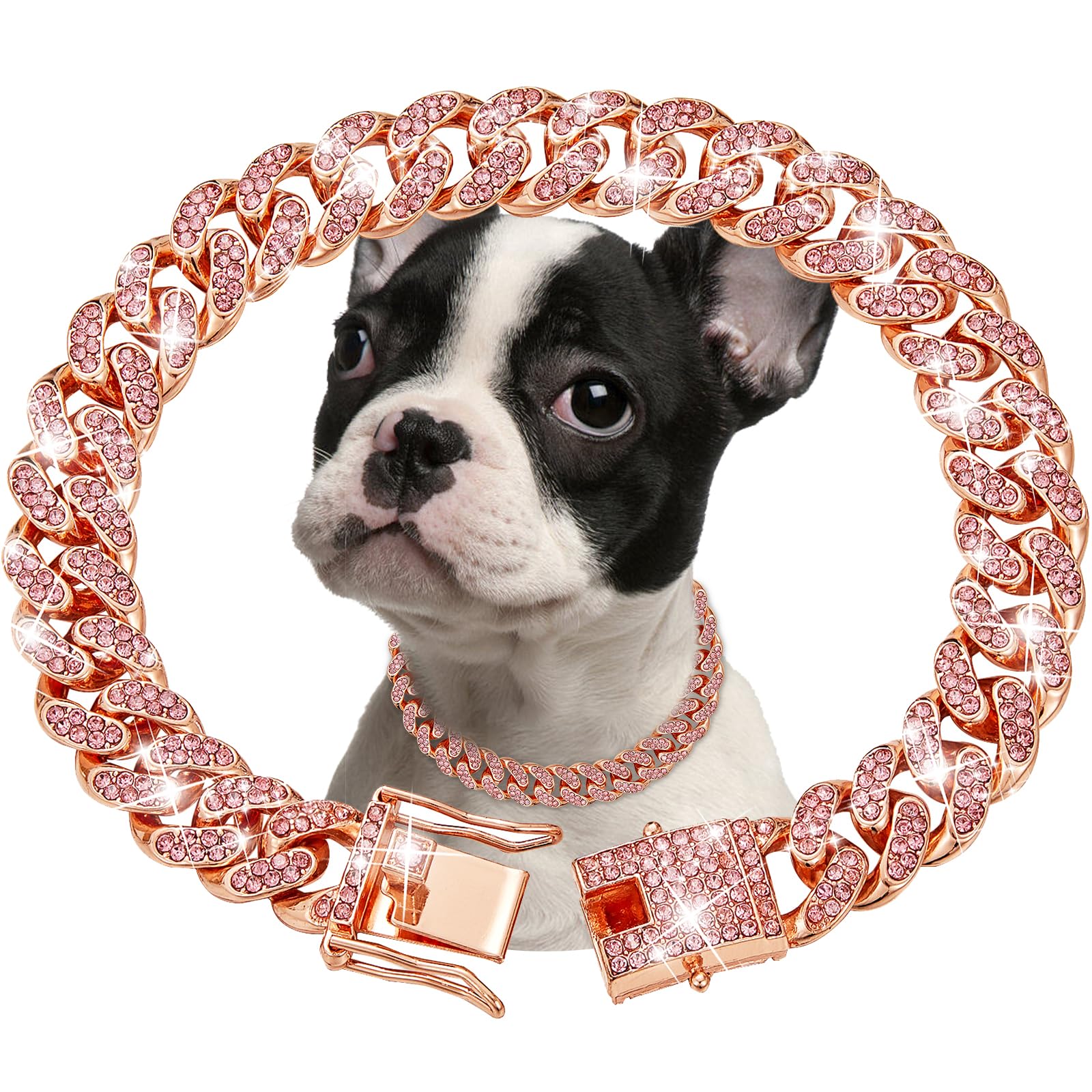 Fengco RoseGold Diamond Cuban Link Dog Collar 22inch close-up with zirconia sparkle.