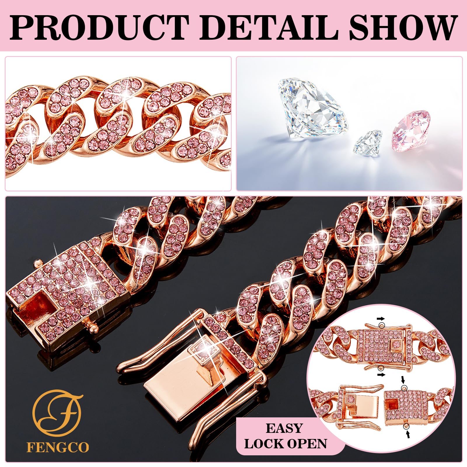Fengco RoseGold Diamond Cuban Link Dog Collar close-up highlighting premium crystals.