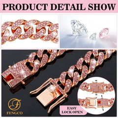 Fengco RoseGold Diamond Cuban Link Dog Collar close-up highlighting premium crystals.