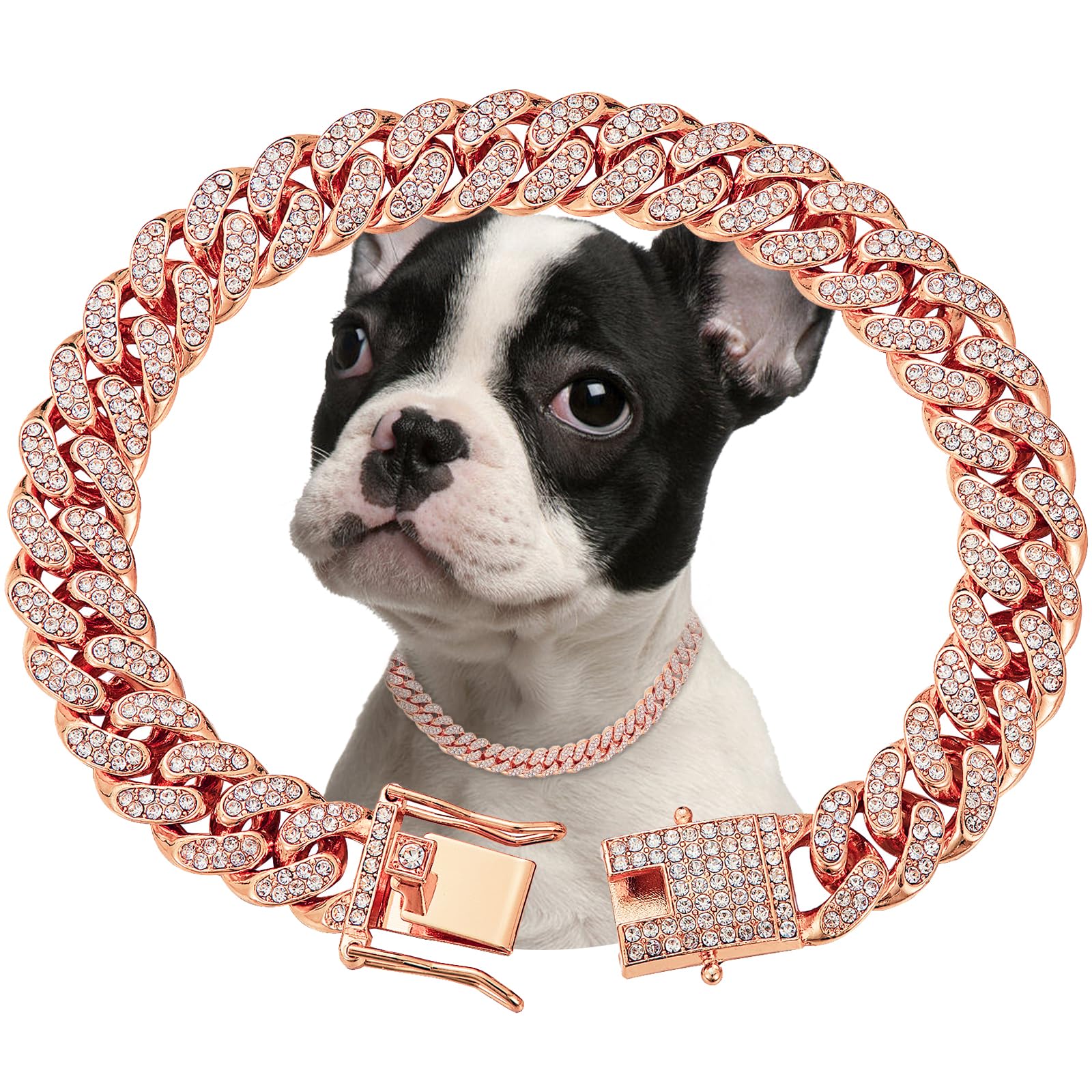 Fengco Rosegold dog collar closeup highlights crystal accents for stylish daily walks.