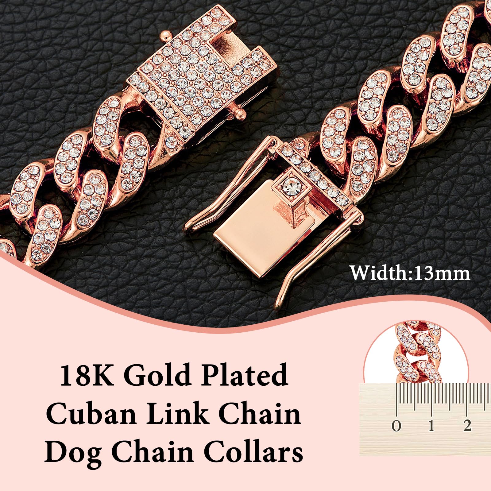 Fengco Rosegold dog collar side view shows Cuban link chain design for bold adventures.
