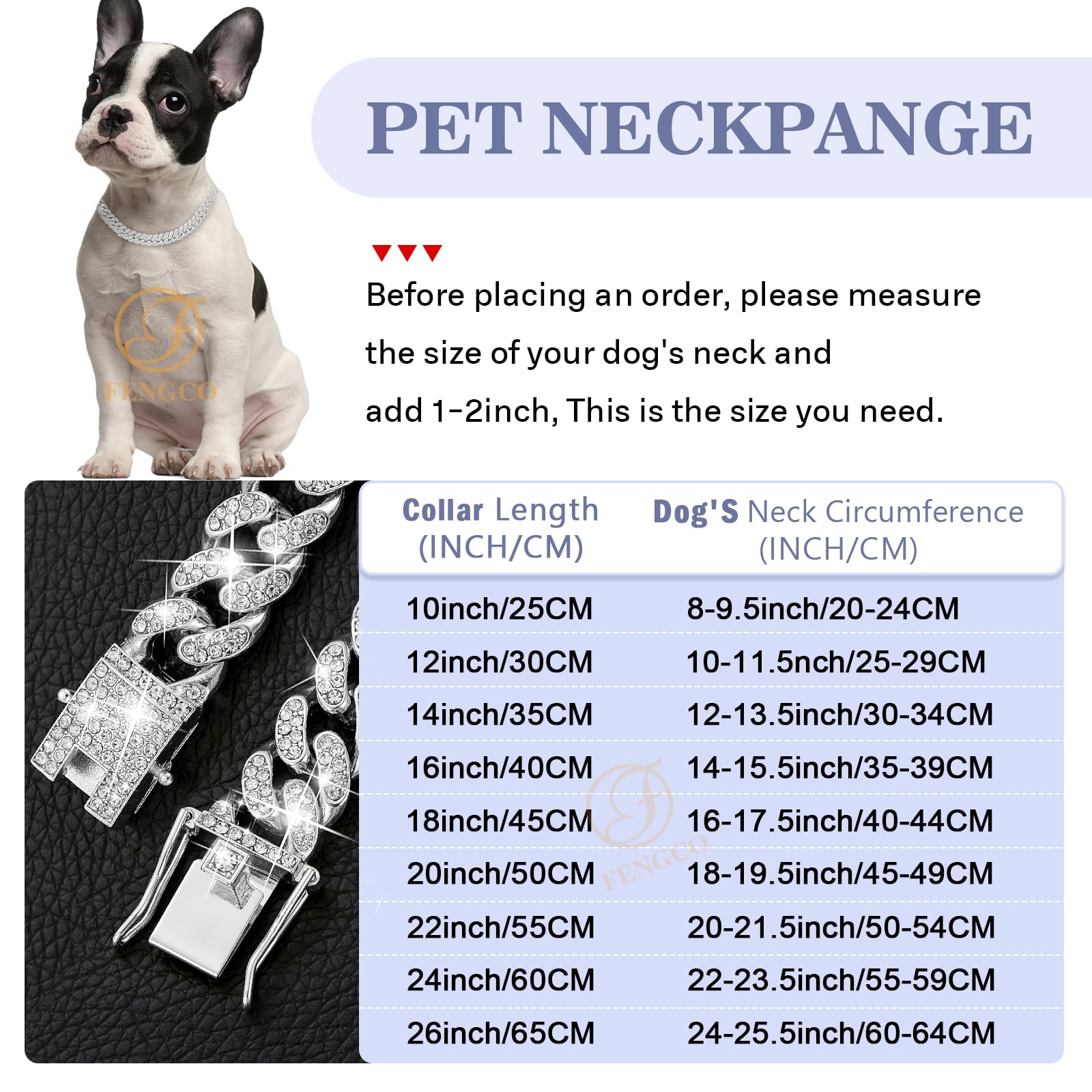 Fengco silver dog collar closeup highlighting zirconia stones and zinc alloy build