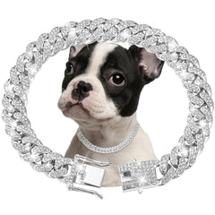 Fengco Silver dog chain collar front view with diamond accents for stylish daily wear