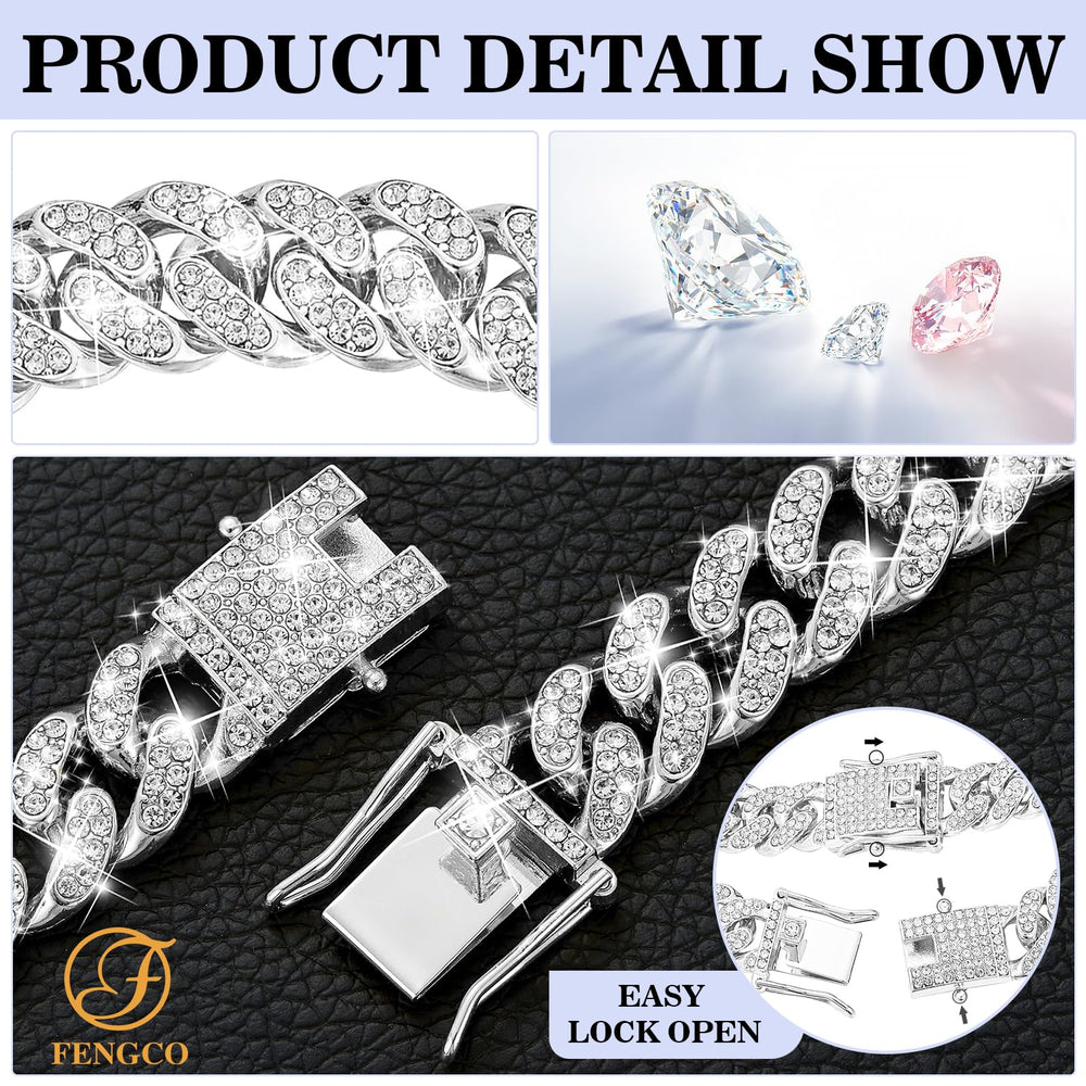 Fengco Silver diamond Cuban link collar side view showing sparkle on walks
