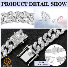 Fengco Silver diamond Cuban link collar side view showing sparkle on walks