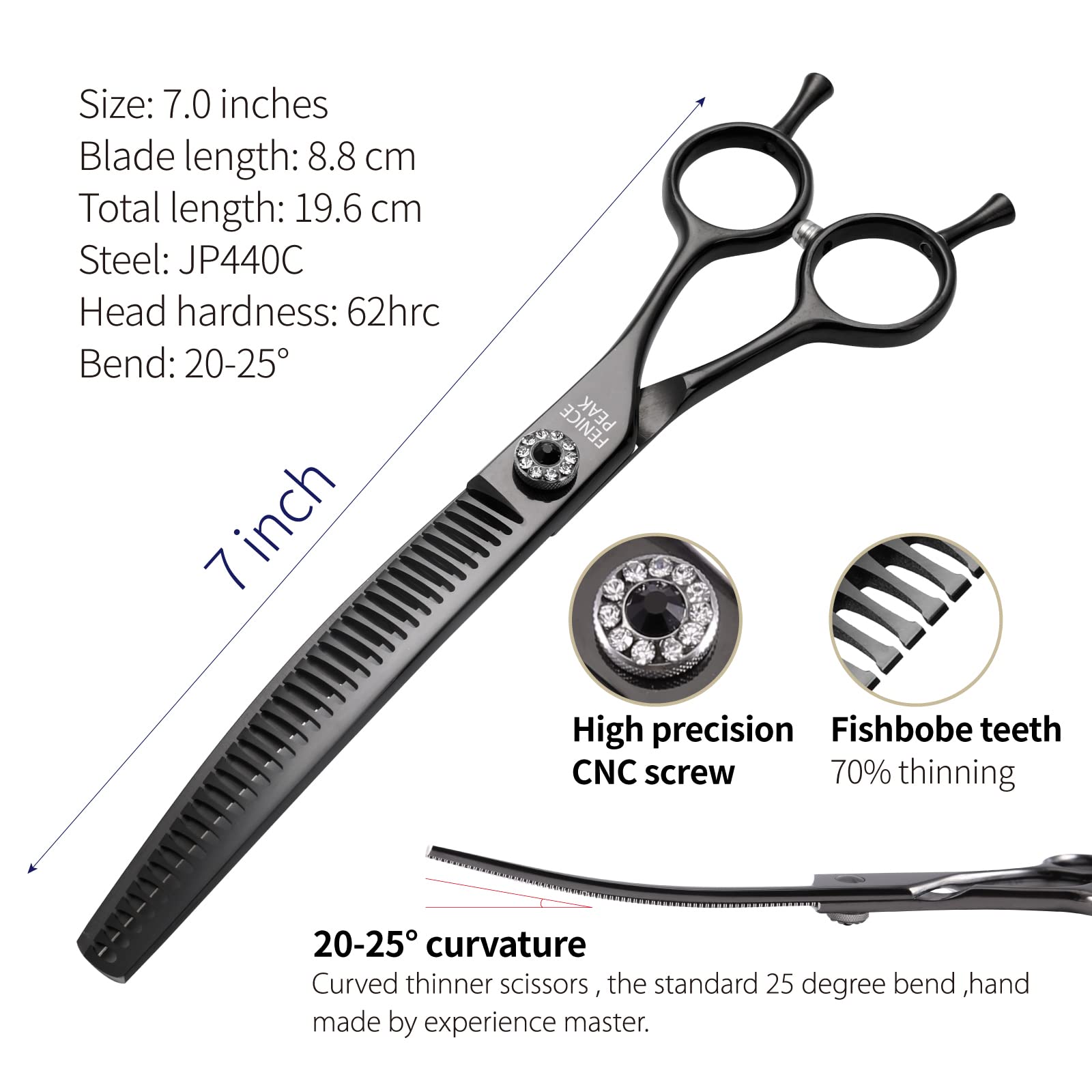 Fenice Peak 440C steel dog scissors blade close-up.