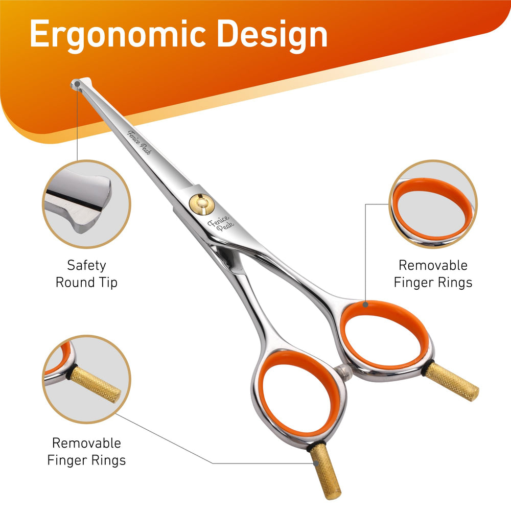 Fenice Peak straight scissors with safety round tip designed to prevent scratches during grooming.