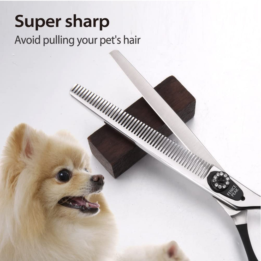 Close-up of sharp blades on Fenice Peak thinning scissors for precise thinning.