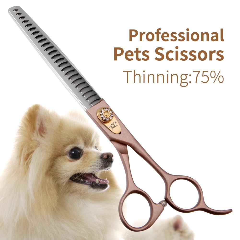 Fenice Peak 8-inch thinning shears blade in action for efficient coat thinning.