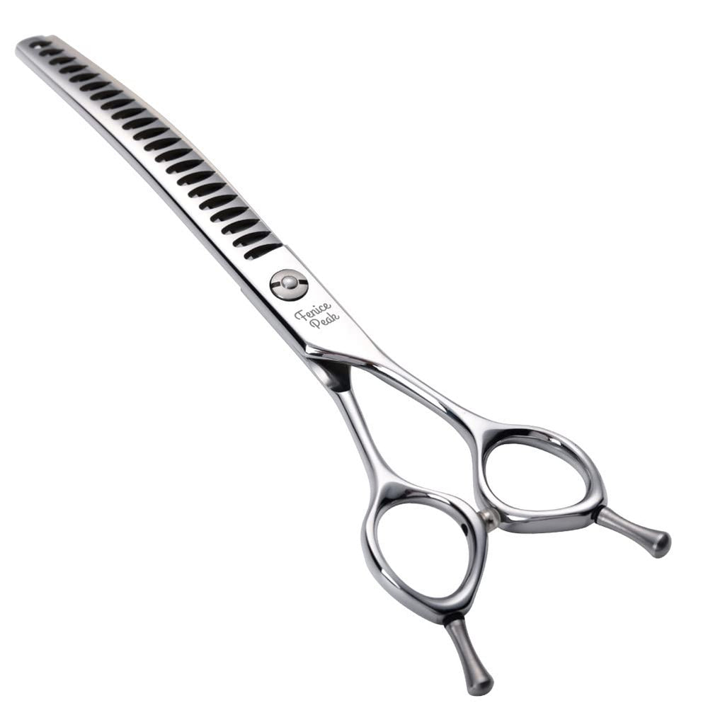Fenice Peak curved chunker dog grooming shears 7in for precise face trimming and smooth body shaping.