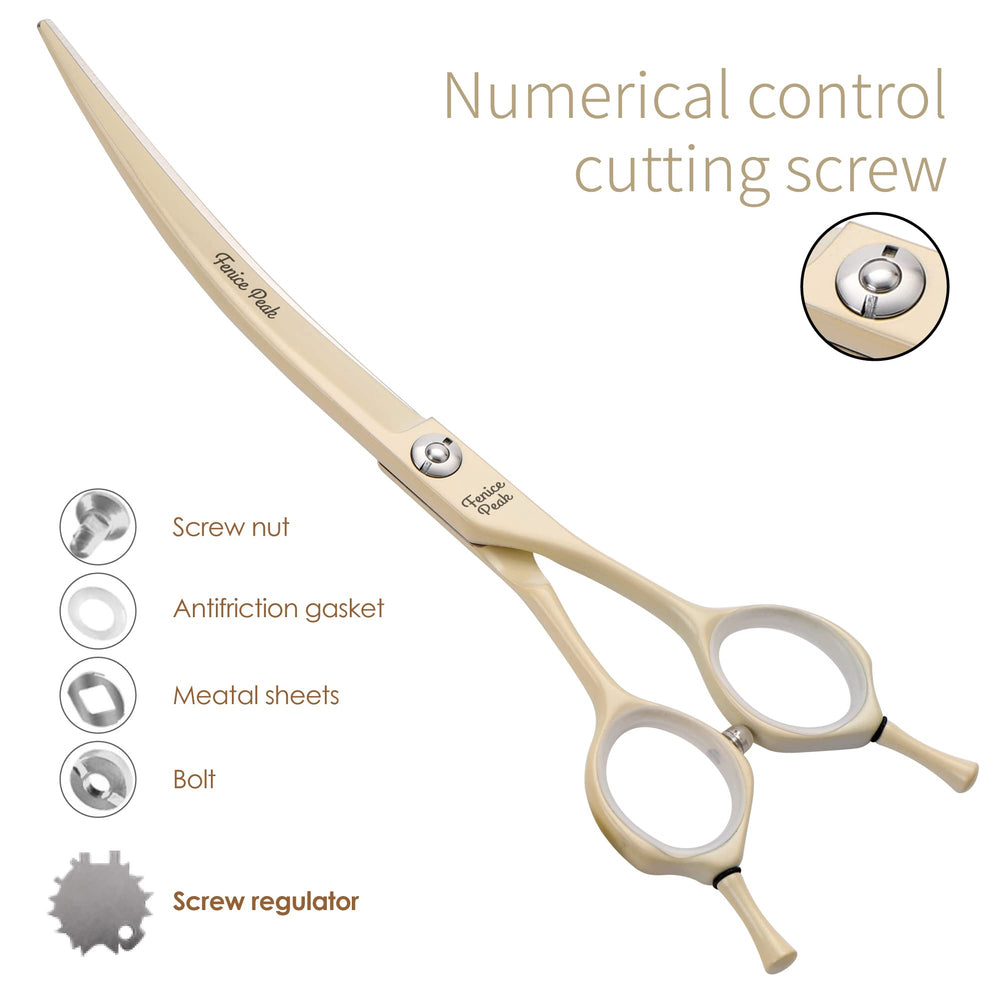 Fenice Peak curved dog grooming scissors cream coating adjustable screw keeps blades sharp.