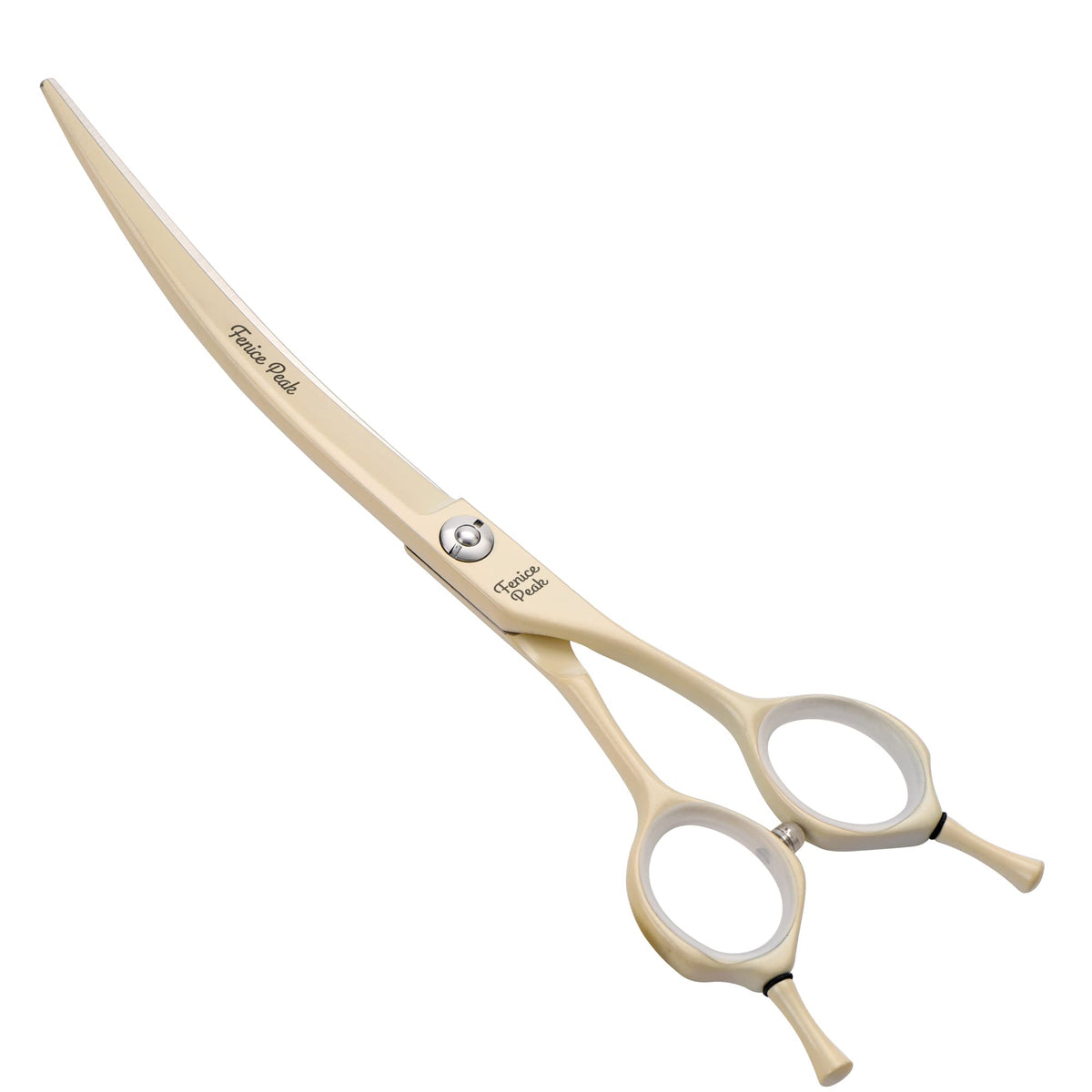 Fenice Peak curved dog grooming scissors cream-coated close-up blade for precise trimming.