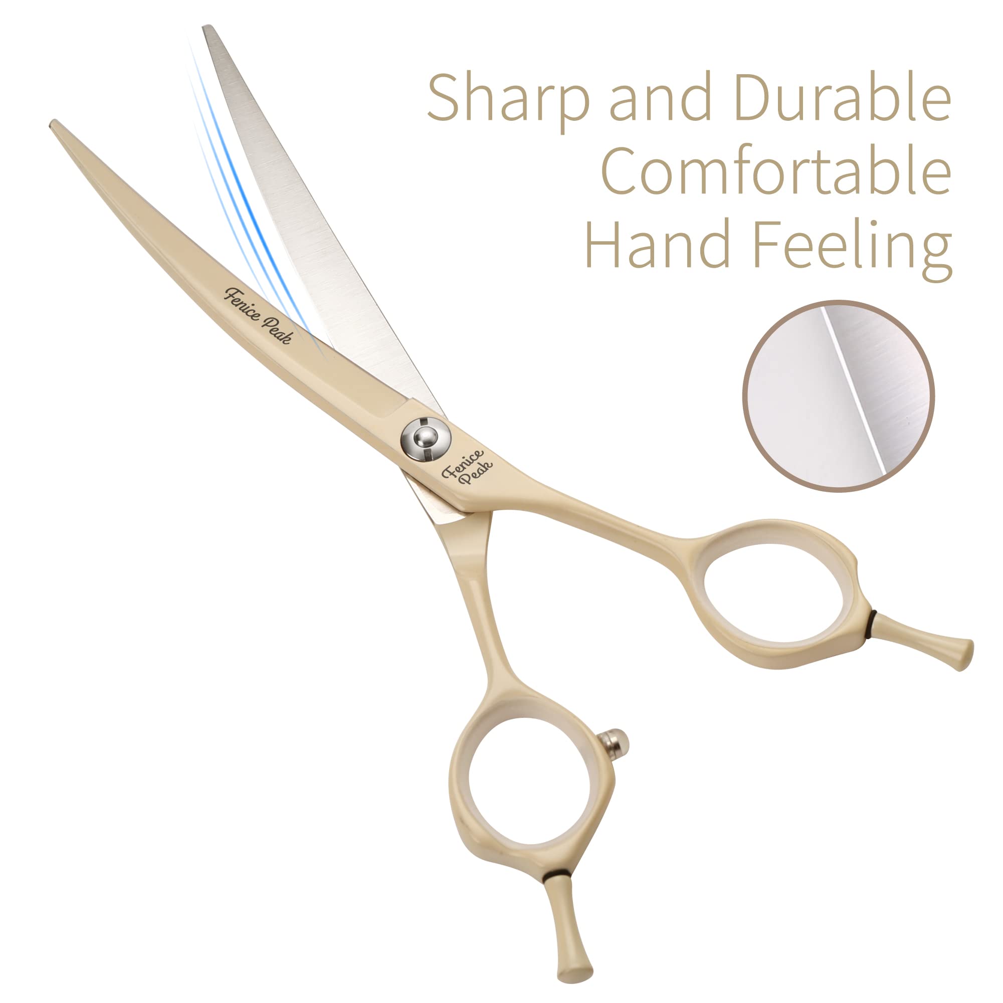 Fenice Peak curved dog grooming scissors curved blades fit body contours for dimensional shaping.