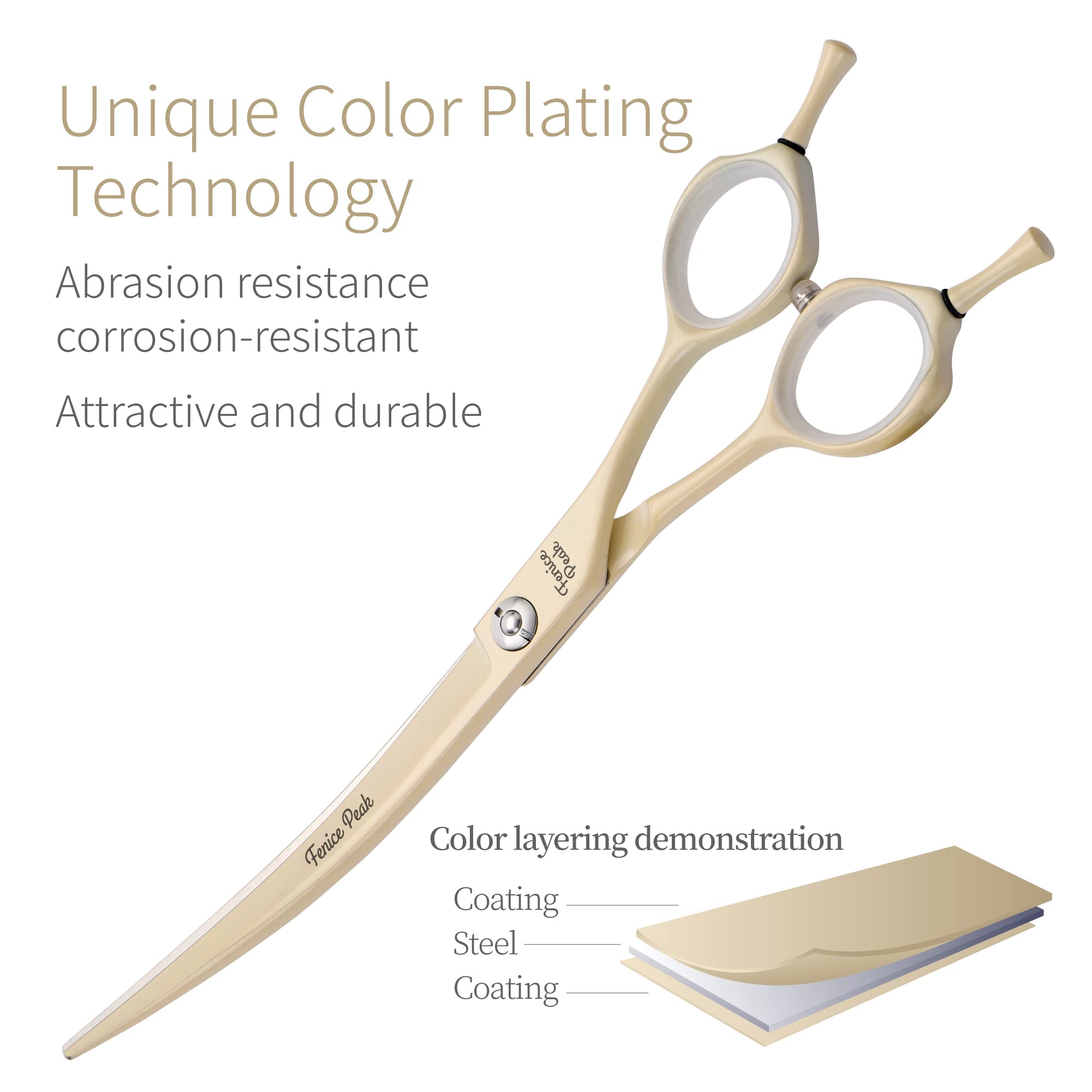 Fenice Peak curved dog grooming scissors with ergonomic handle for comfortable use.