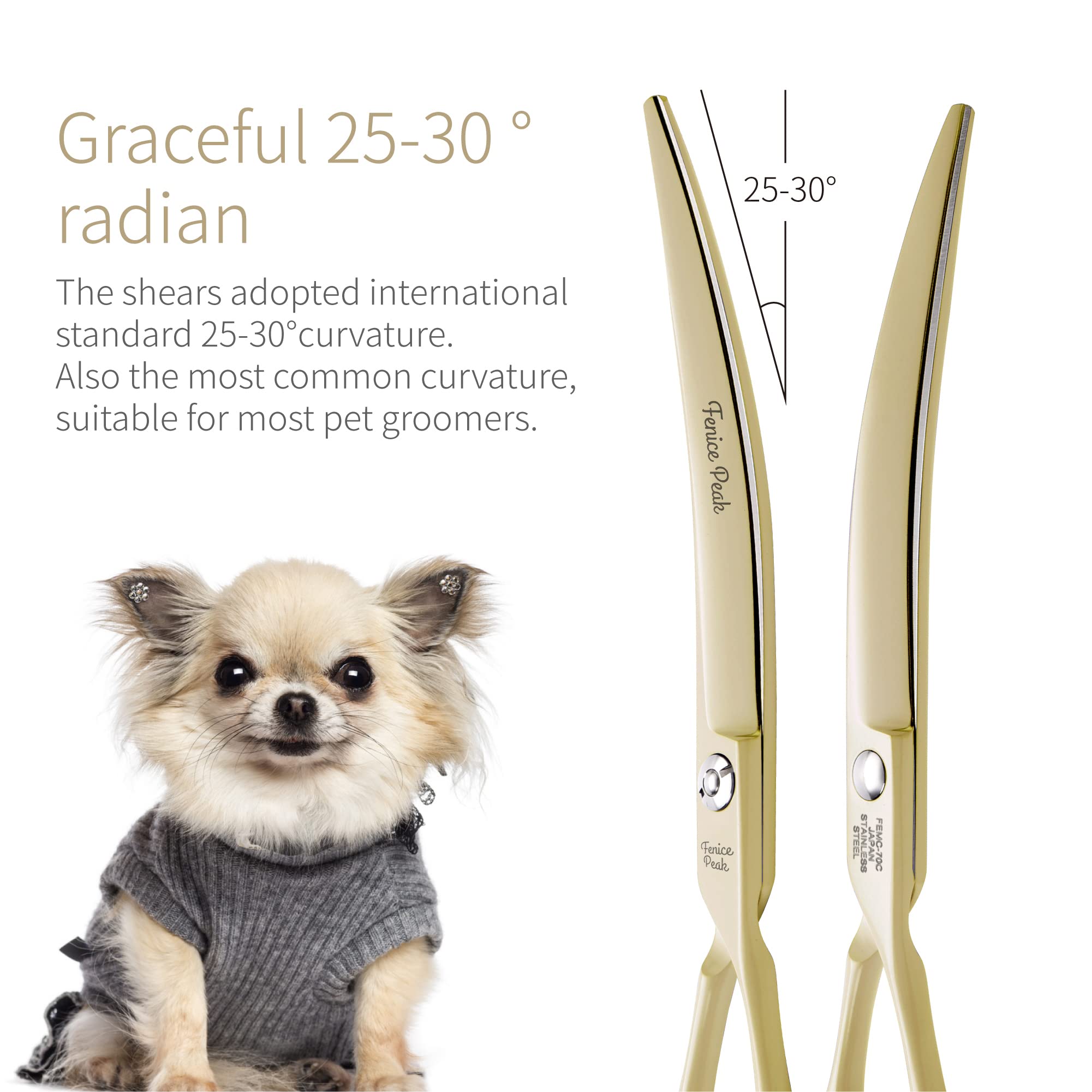 Fenice Peak curved dog grooming scissors safe for pets with quieter operation.