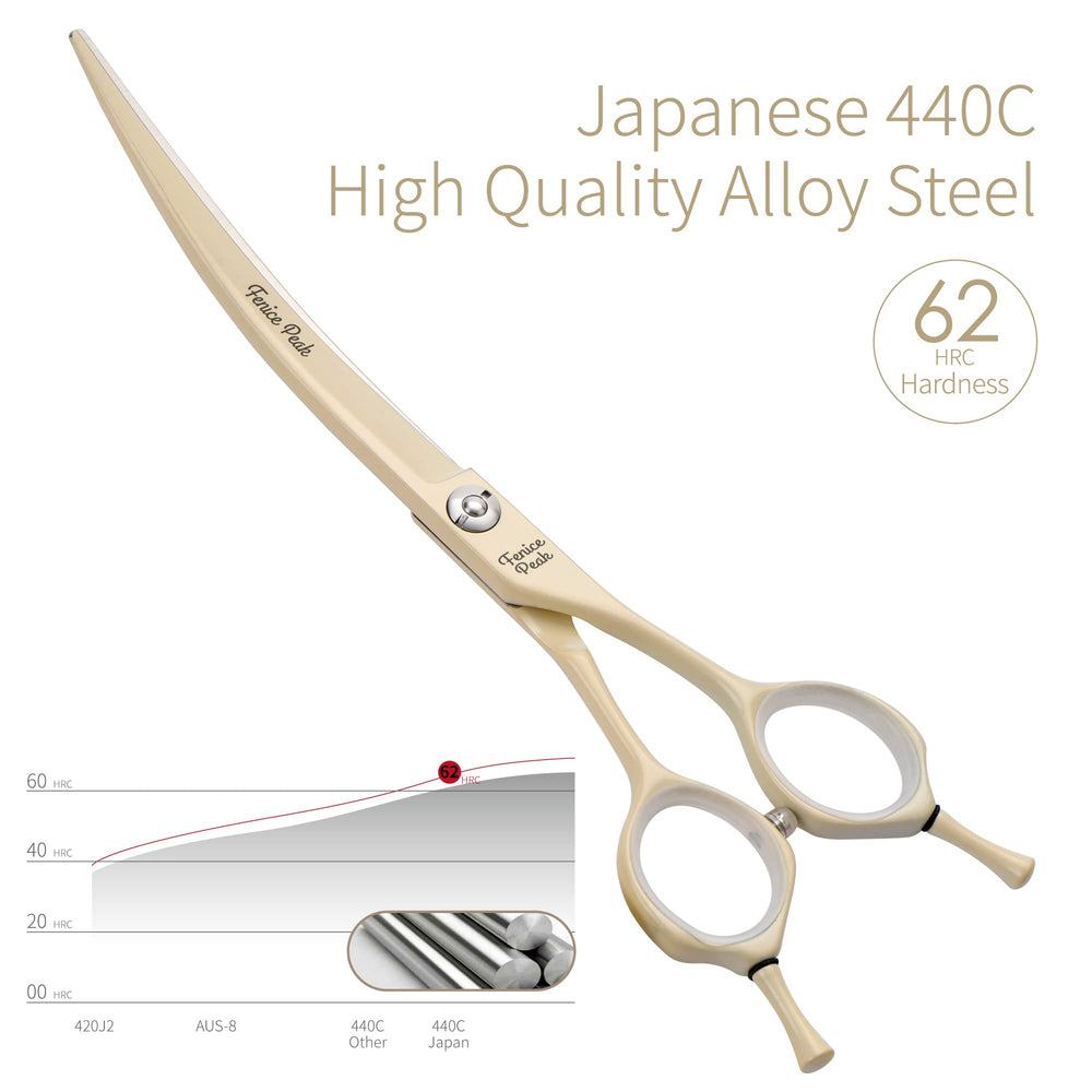 Fenice Peak curved dog grooming scissors cream coating silencer reduces pet stress during trimming.