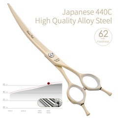Fenice Peak curved dog grooming scissors cream coating silencer reduces pet stress during trimming.