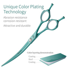 Fenice Peak curved grooming scissors ergonomic handle for comfortable long grooming sessions.