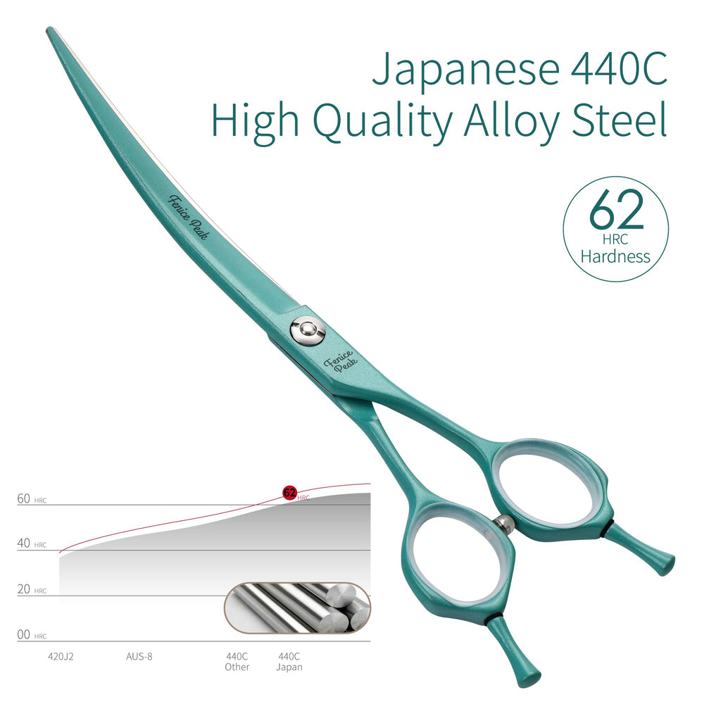 Fenice Peak curved scissors green blade close-up highlighting curved edge for shaping fur.