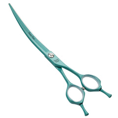 Fenice Peak curved dog grooming scissors close-up with green coating suggesting durability.