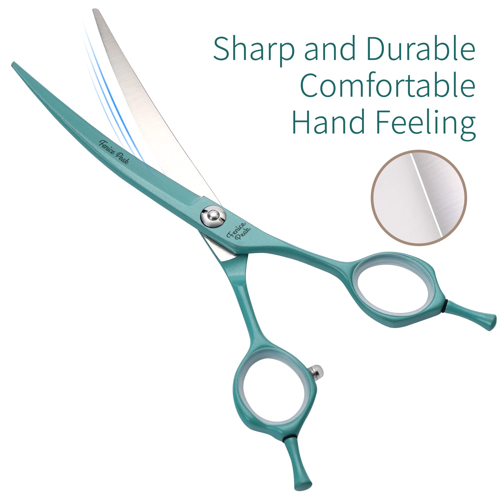 Fenice Peak curved scissors with silencer design reducing noise during grooming.