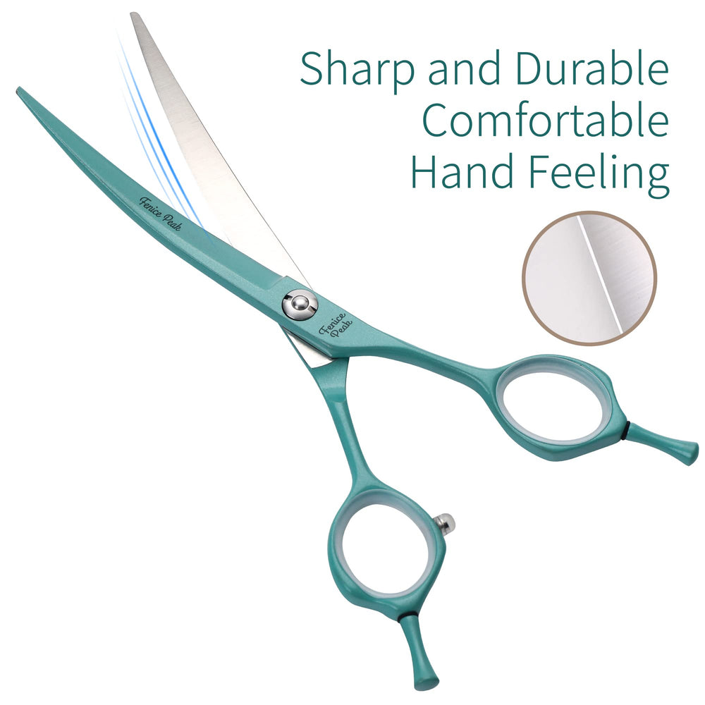 Fenice Peak curved scissors with silencer design reducing noise during grooming.