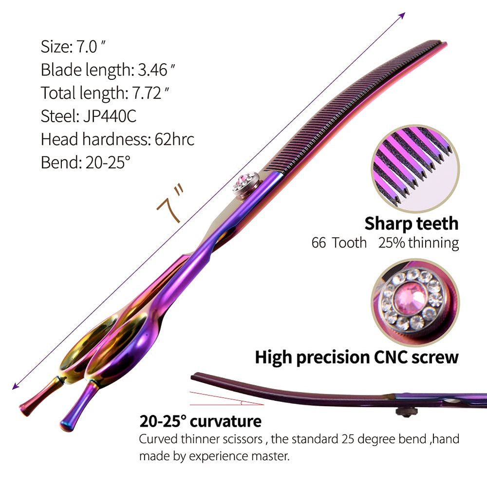 Fenice Peak curved thinning blades close-up for controlled pet coat cuts