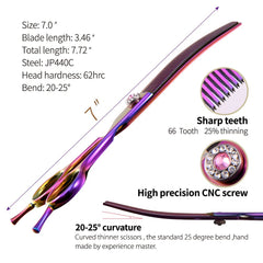 Fenice Peak curved thinning blades close-up for controlled pet coat cuts