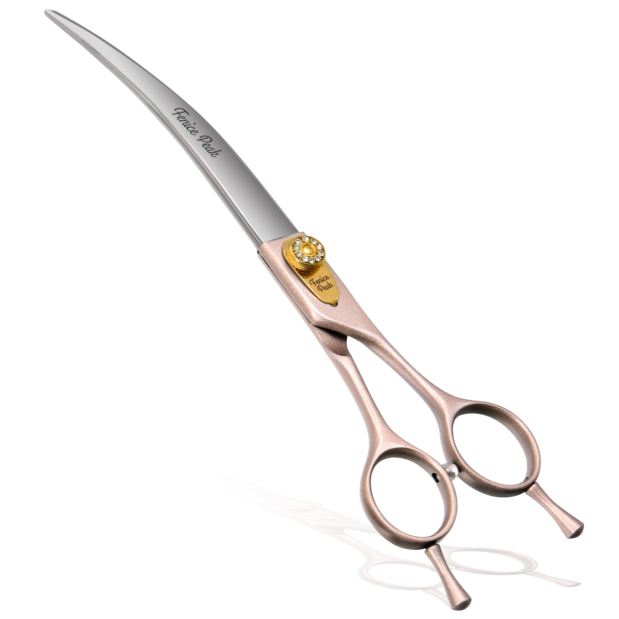 Fenice Peak rose-gold 7in curved scissors full view for precise trimming.
