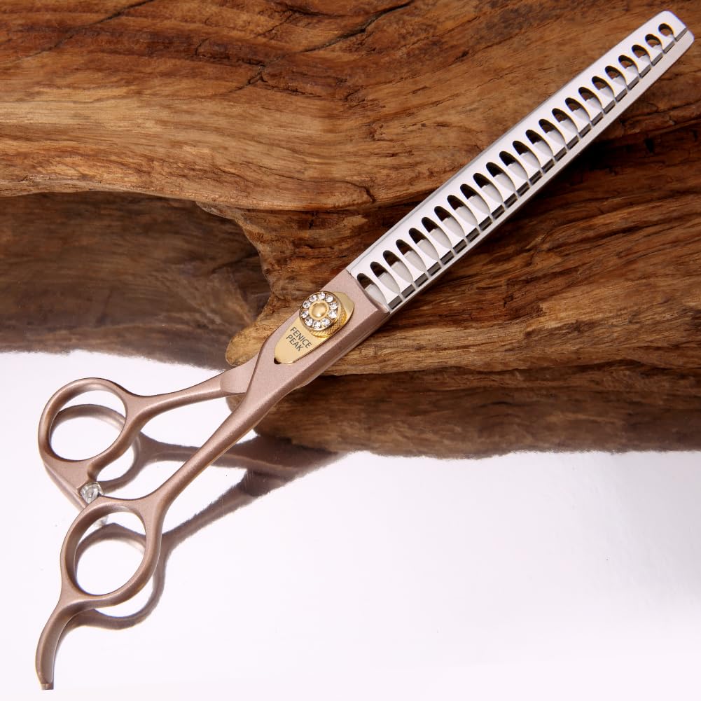 Fenice Peak thinning shears Rose Gold handle view highlighting ergonomic grip for comfortable grooming.