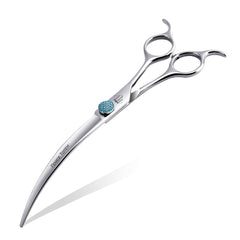 Fenice Totem curved shear 45deg arc closeup shows precise edge for smooth dog grooming