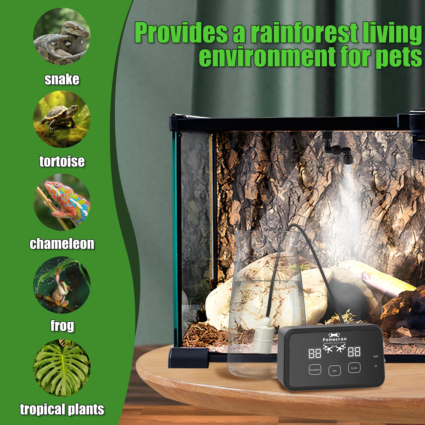 Fenocran automatic reptile mister system two nozzles illustrating versatile misting options.