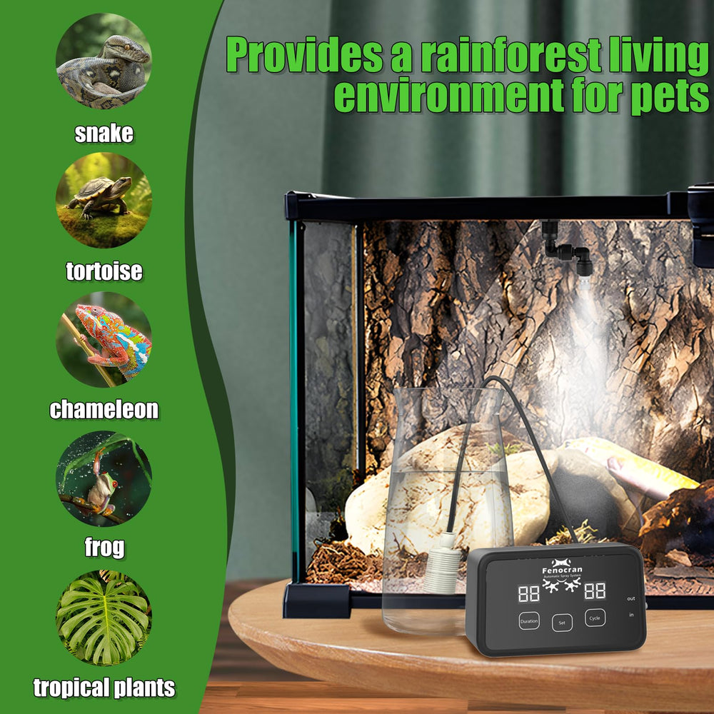 Fenocran automatic reptile mister system two nozzles illustrating versatile misting options.