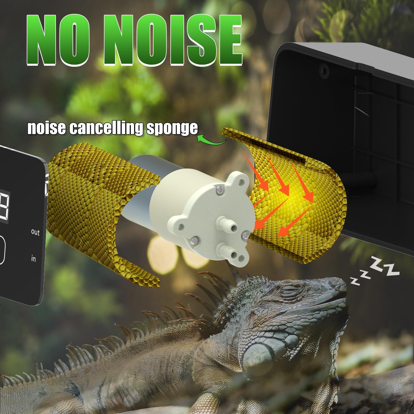 Fenocran quiet reptile mister system interior foam reduces pump noise.