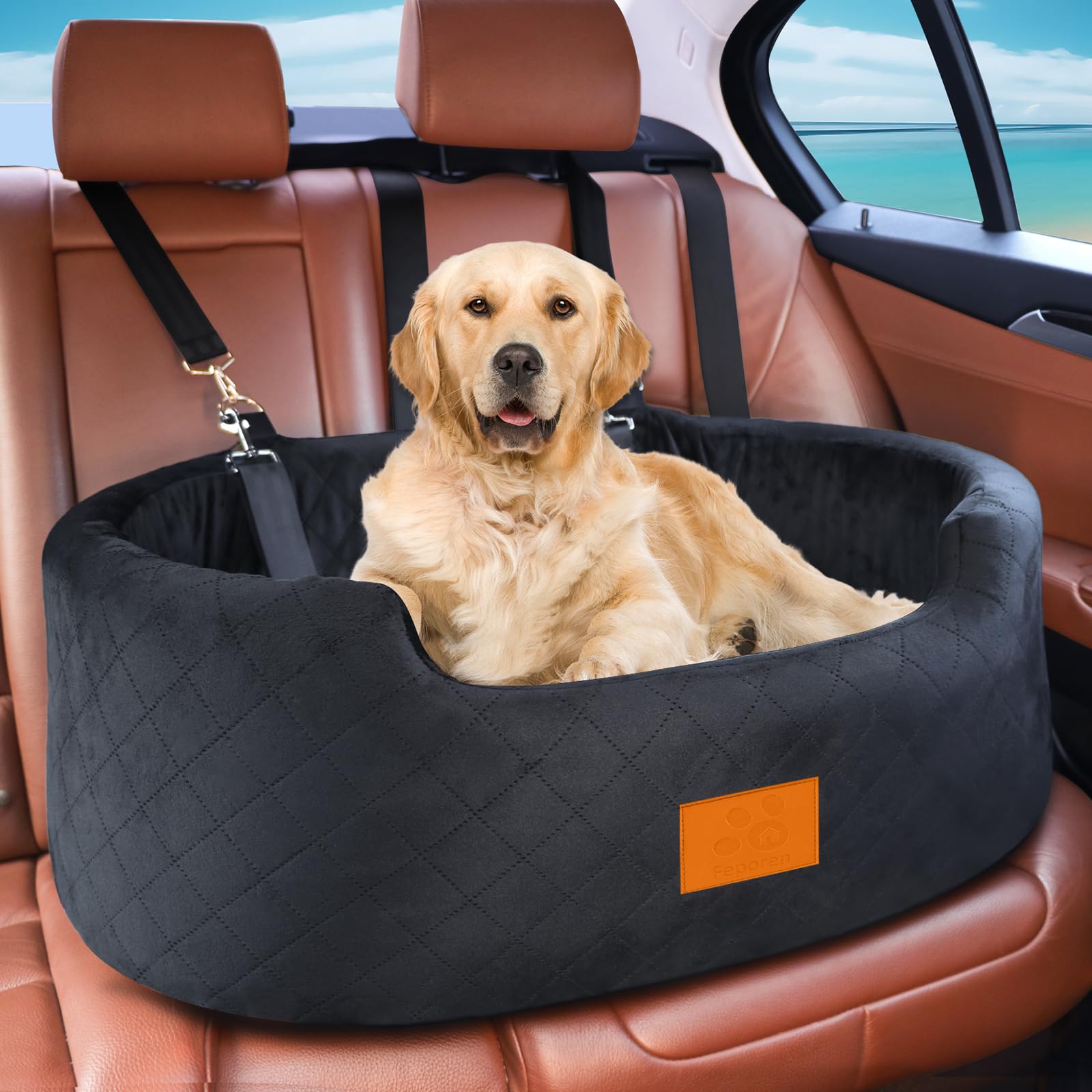 Feporen dog car seat front view highlights elevated vantage for calmer rides.