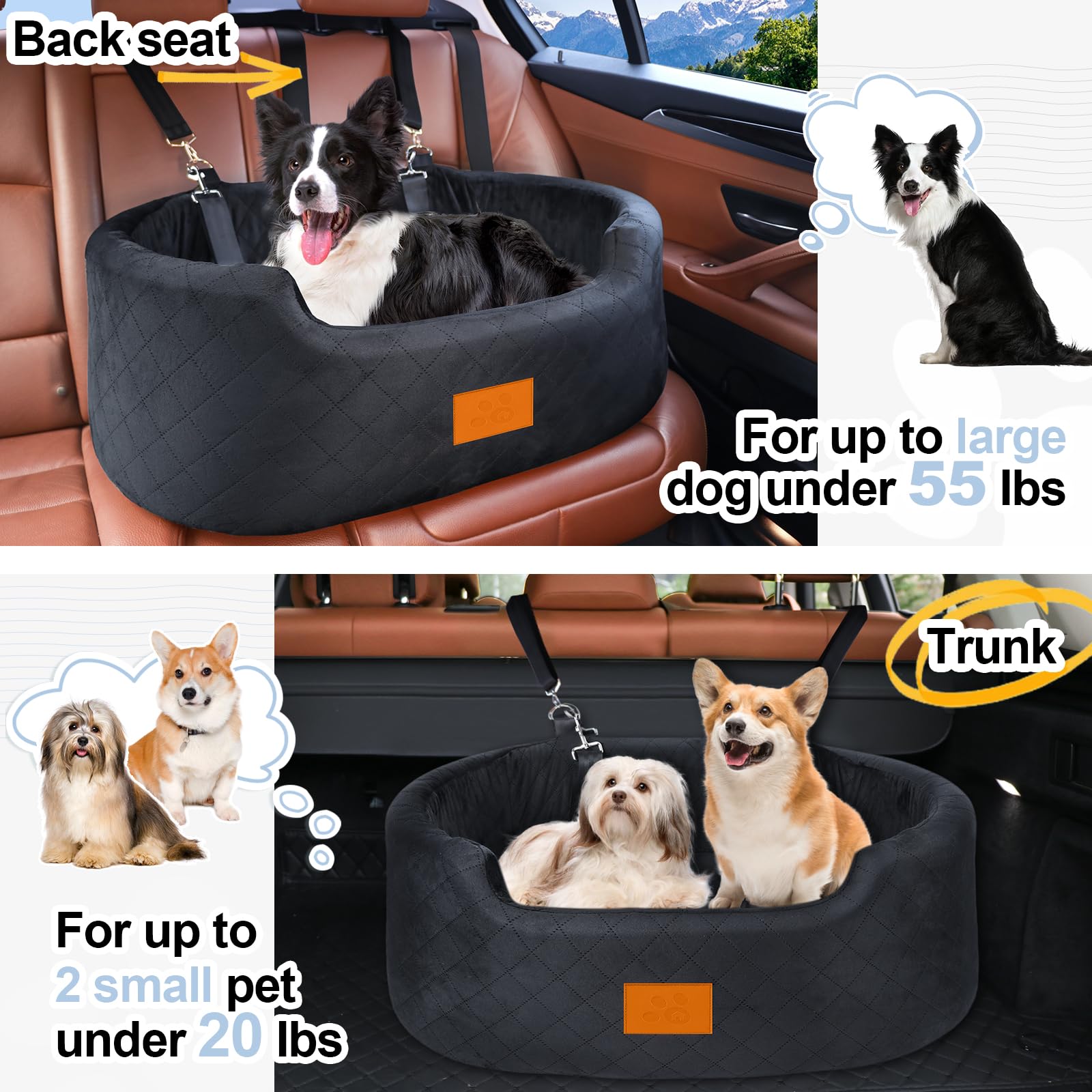 Feporen dog car seat side view shows compact, stable backseat fit.