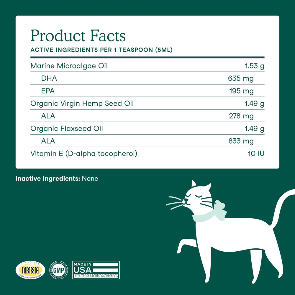 Fera Pets Algae Oil ingredients close-up with organic hemp seed and flaxseed oil.