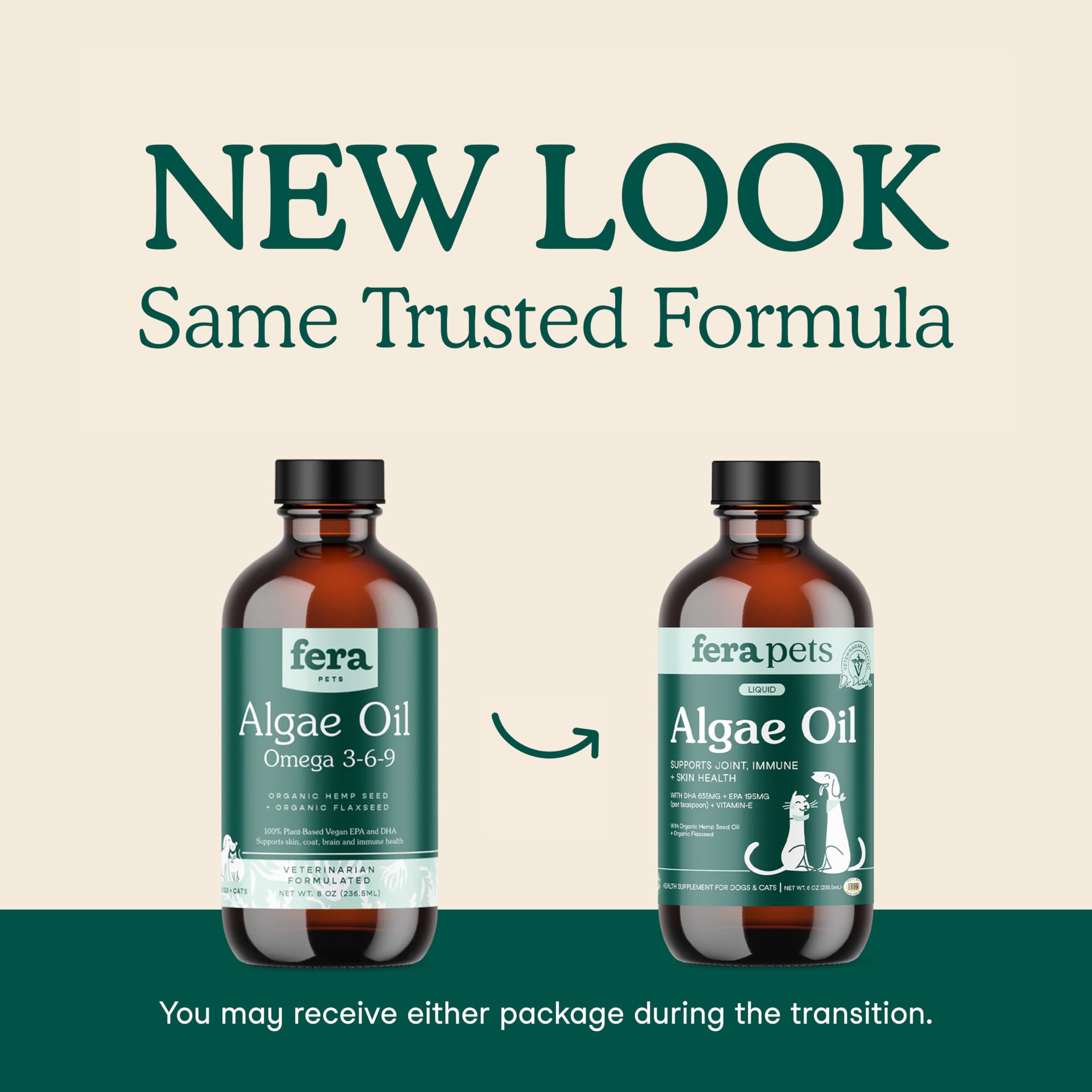 Fera Pets Algae Oil label-closeup highlighting EPA and DHA for heart and brain support.