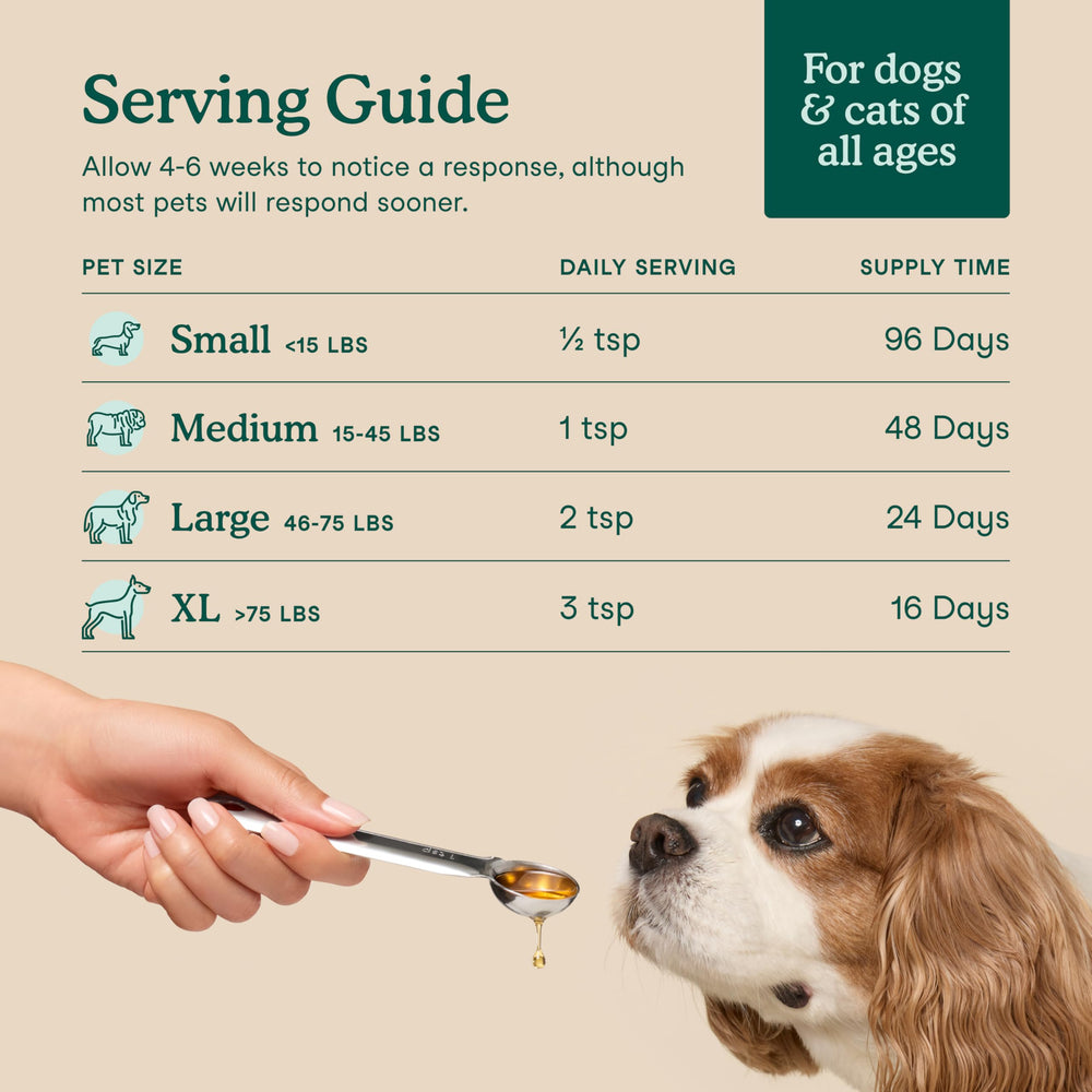Fera Pets Algae Oil pour-shot demonstrating easy dosing for pets.