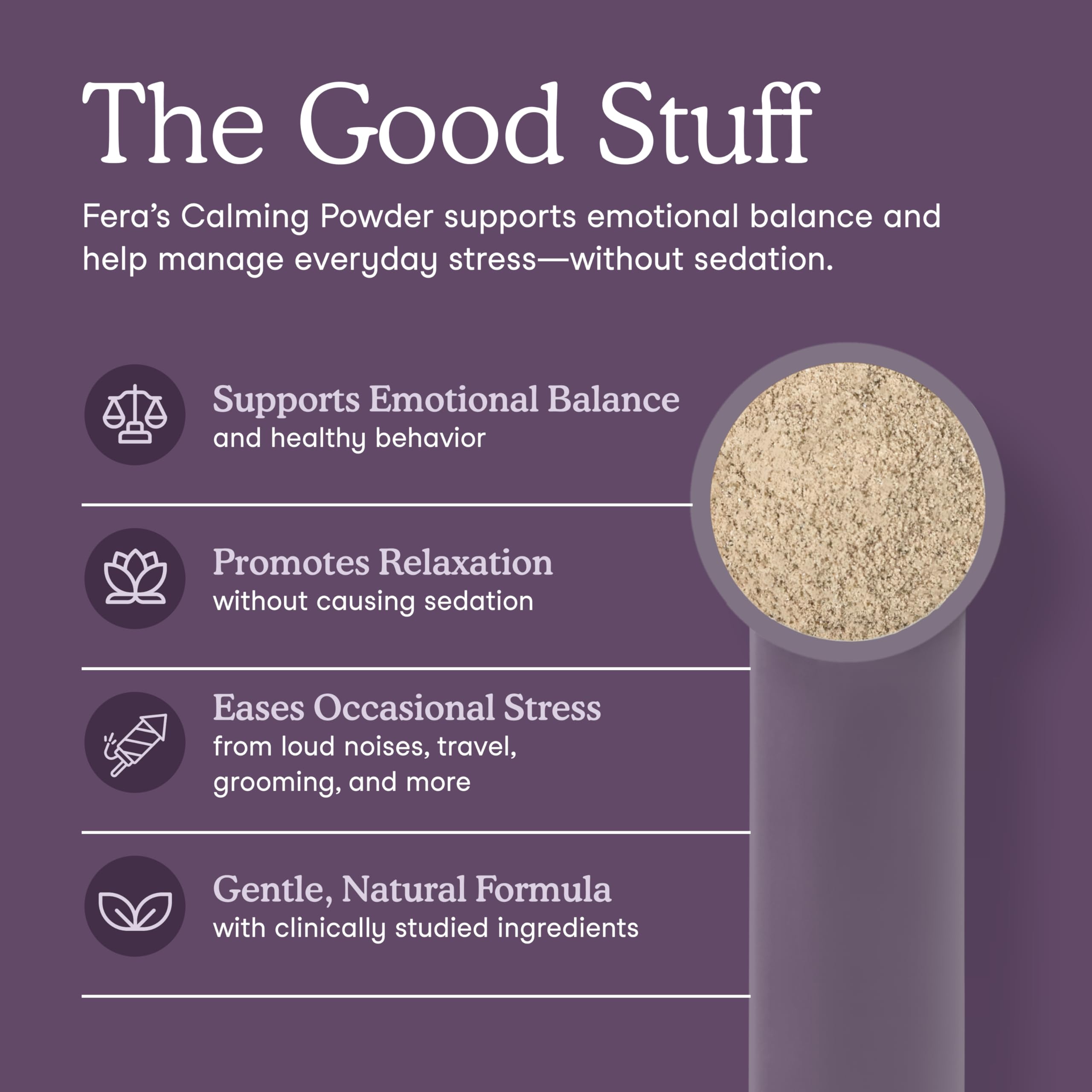 Fera Pets calming supplement for dogs and cats bottle scene emphasizes easy dosing.