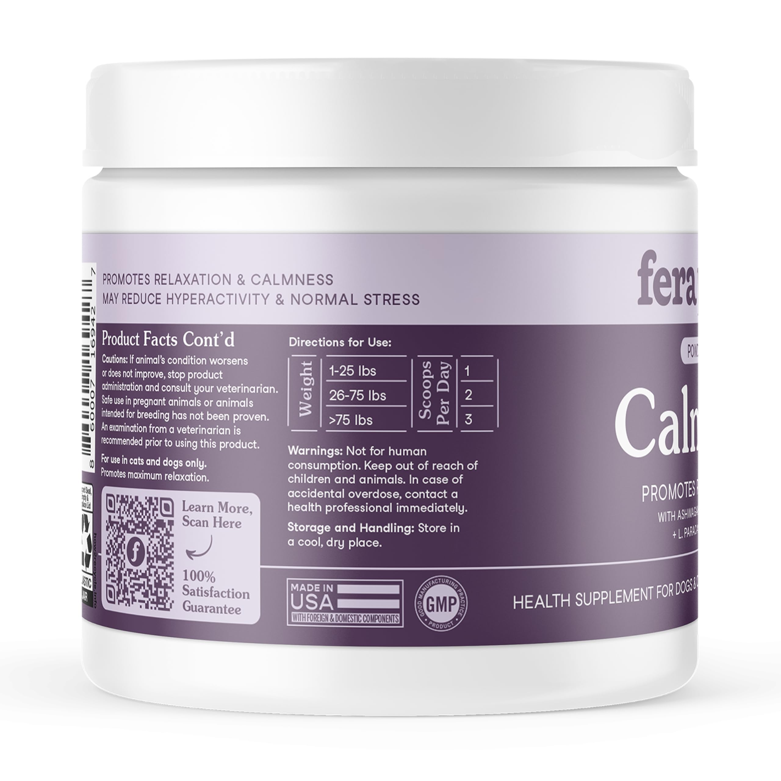 Fera Pets dosing scoops show 60 scoops per container for easy serving.