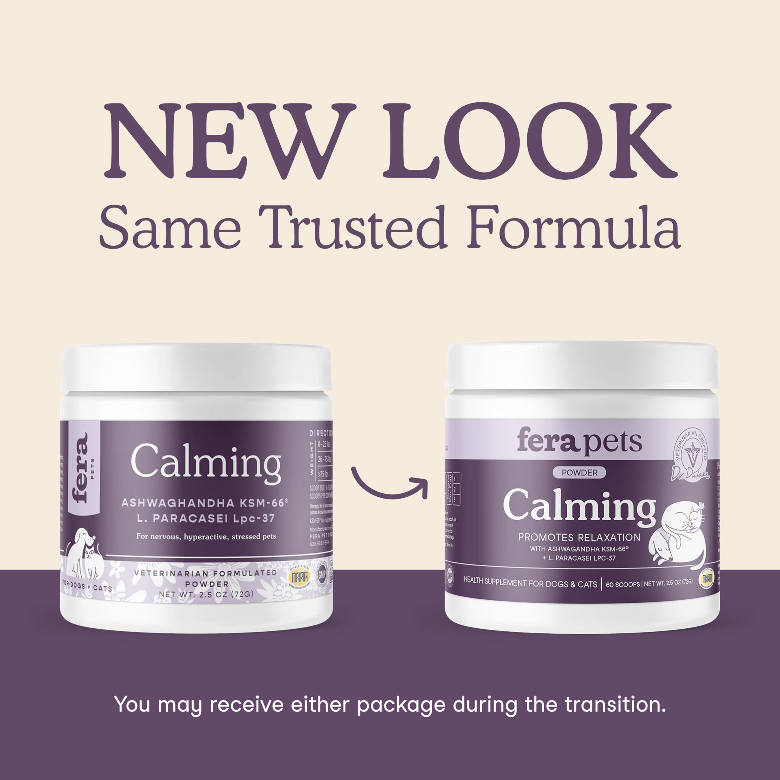 Fera Pets calming label details highlight probiotic blend for gut-brain support.