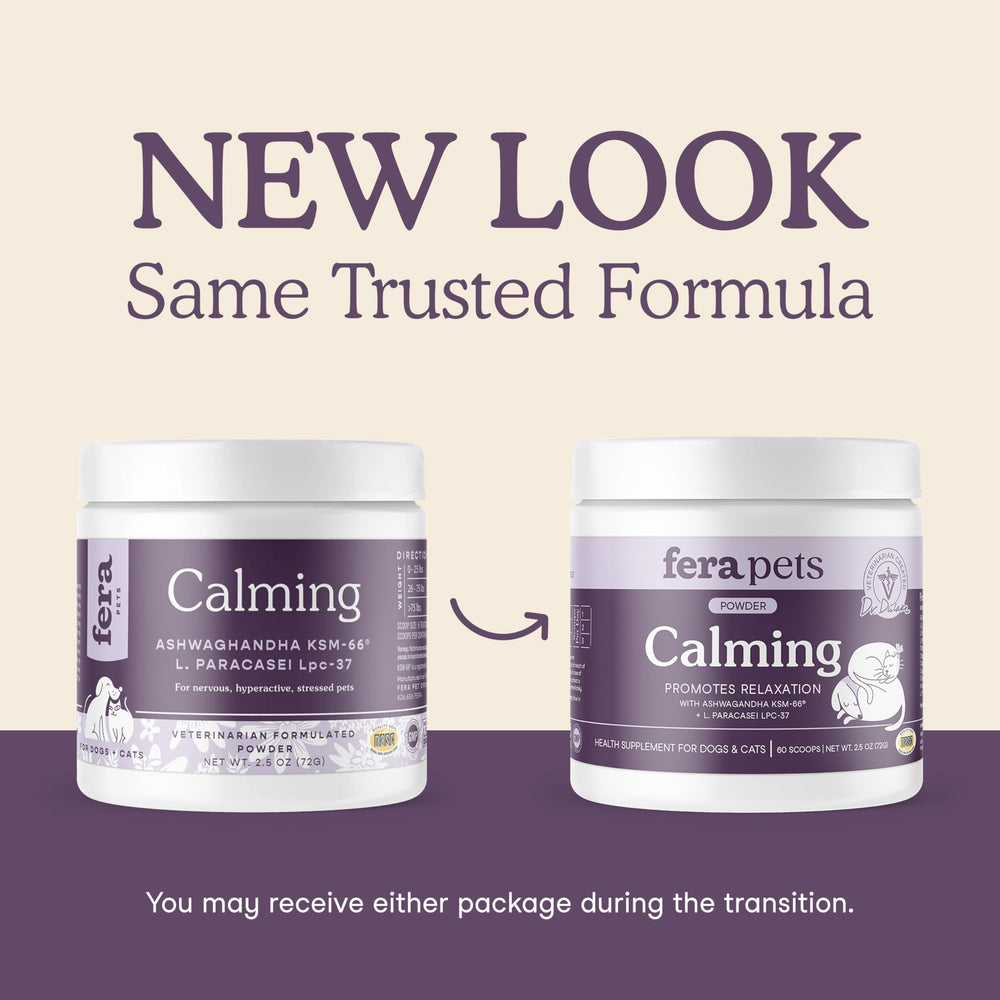 Fera Pets calming label details highlight probiotic blend for gut-brain support.