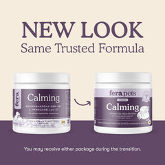 Fera Pets calming label details highlight probiotic blend for gut-brain support.