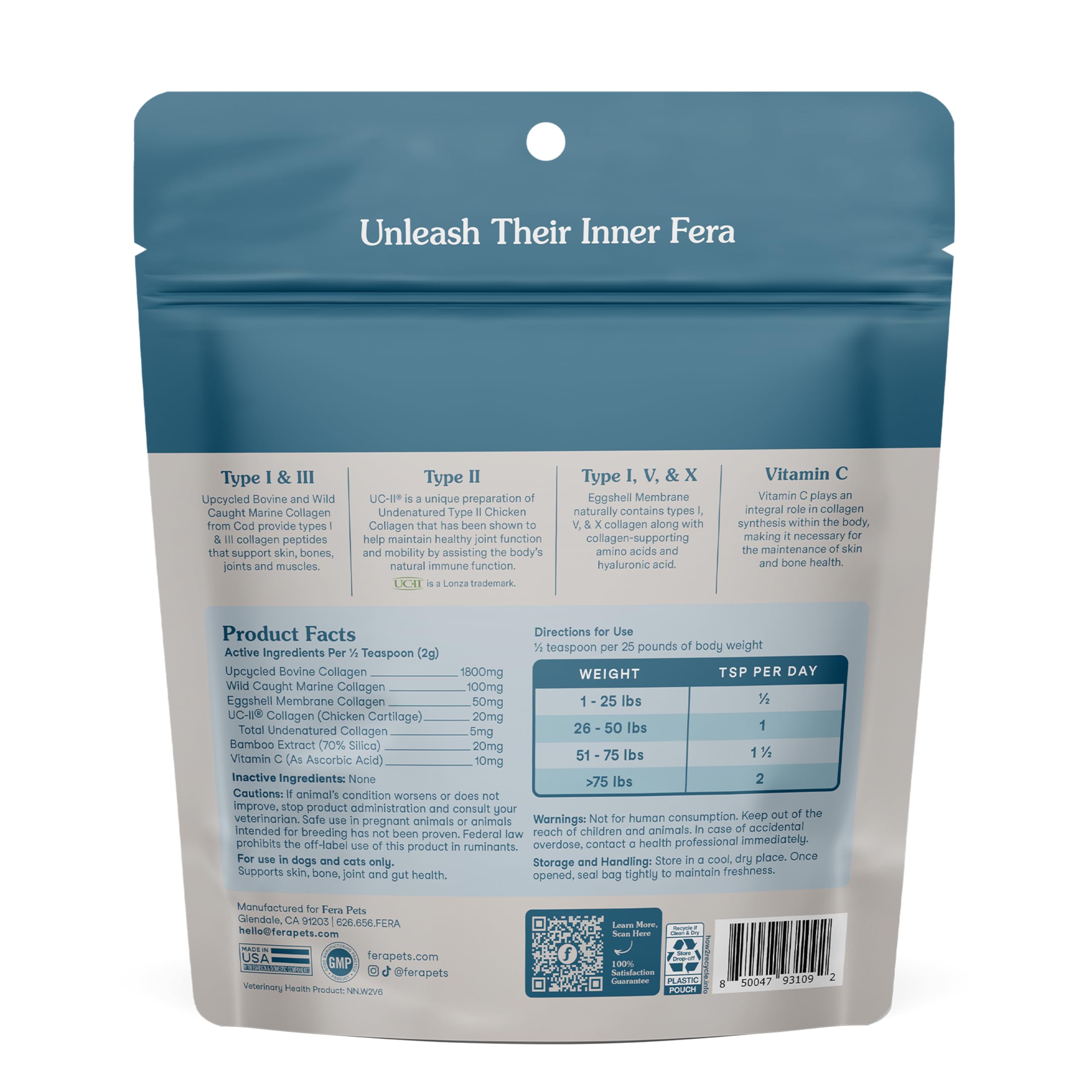 Fera Pets collagen powder beside bones and coat imagery signaling bone and coat support