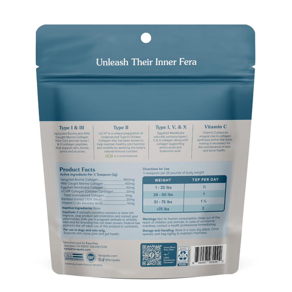 Fera Pets collagen powder beside bones and coat imagery signaling bone and coat support