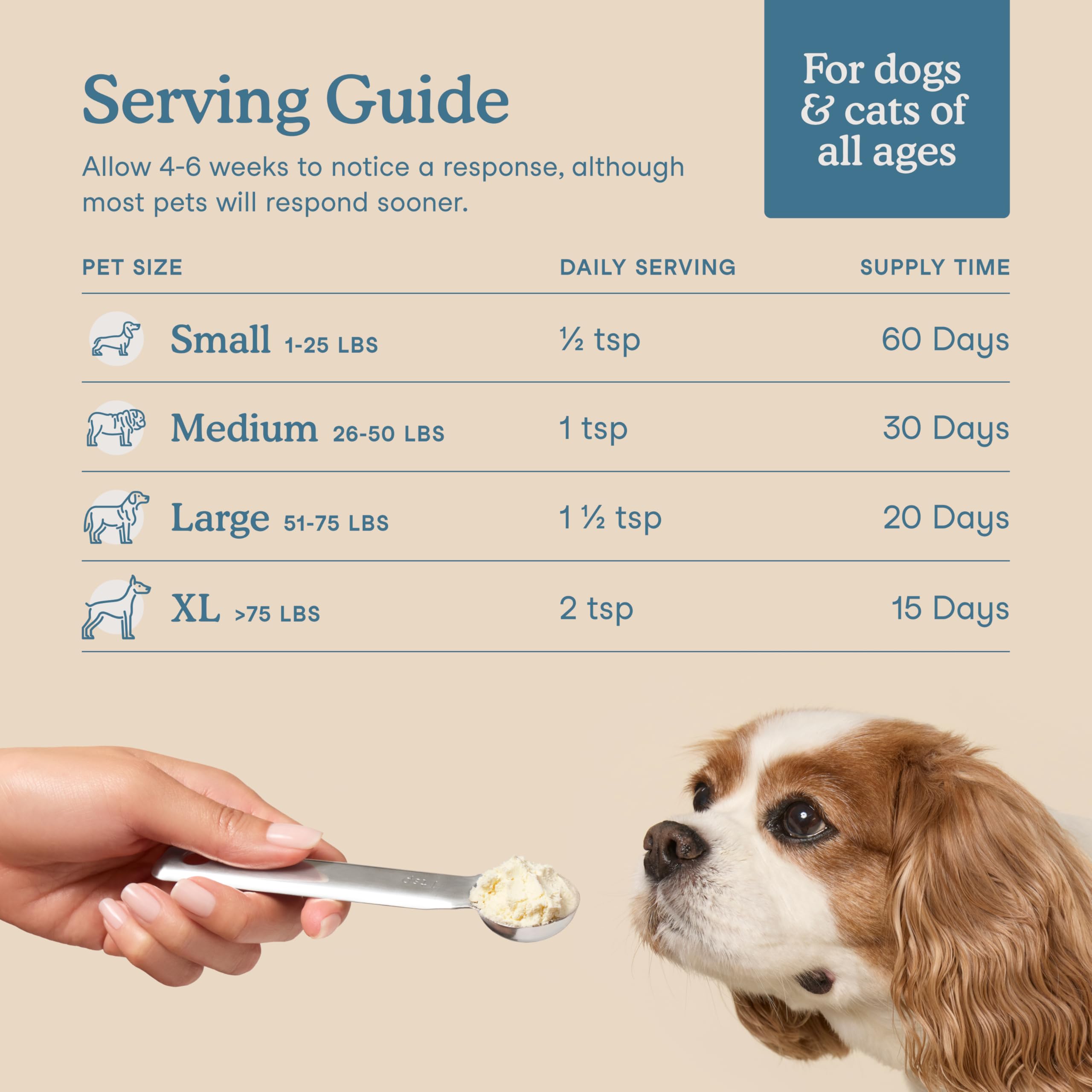 Fera Pets collagen powder scoop demonstrating easy serving by weight guidelines