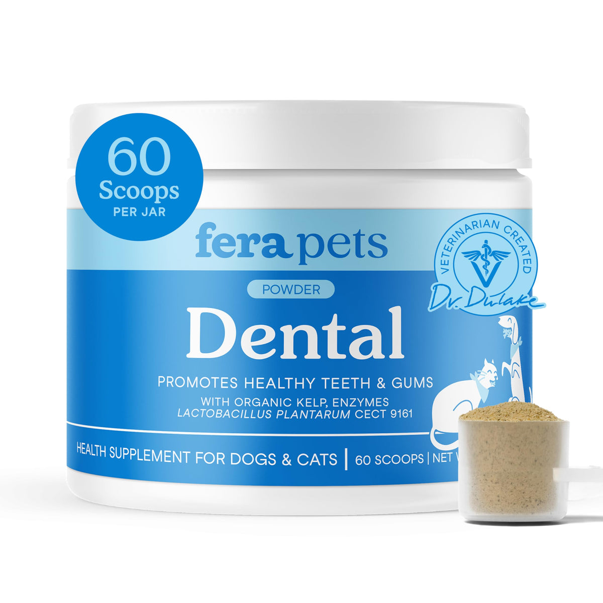 Fera Pets dental powder bottle closeup, veterinarian-formulated for fresh breath.